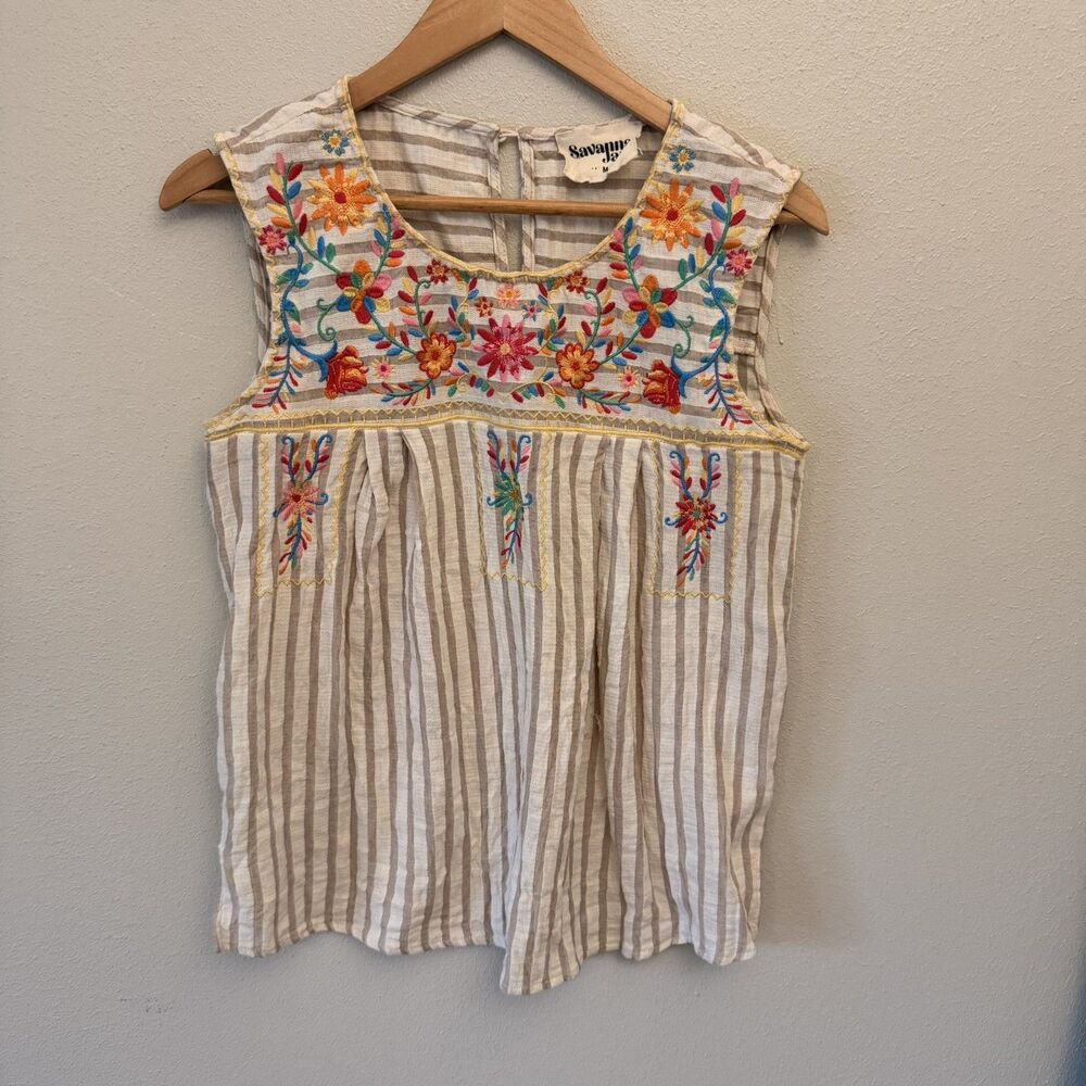 Savanna Jane Cotton Striped Floral Embroidered Sleeveless Top Western boho